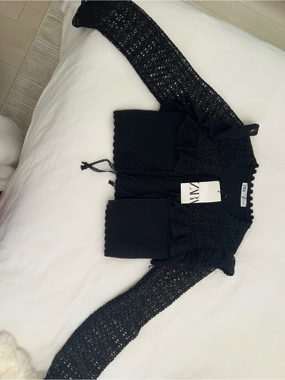 Zara Black Crocheted Ruffle Tie-Front Jacket